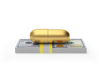 Golden medical capsule on a bundle of dollar bills isolated on white background. 3D illustration