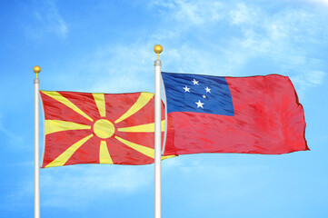 North Macedonia and Samoa two flags on flagpoles and blue sky