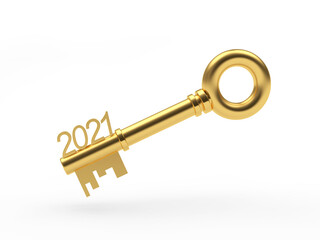Golden key 2021 isolated on white background.  Real estate concept. 3D illustration