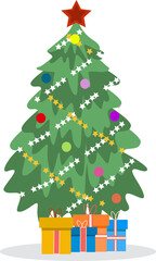Festive design element. Christmas tree. New Year. There are toys and gifts. White background. Can be used for sites, cards, tabs.