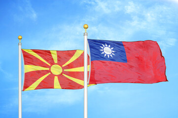 North Macedonia and Taiwan two flags on flagpoles and blue sky
