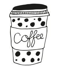 Paper cup of coffee black outline vector illustration on white background. Cute doodle sketch for coffee day cards, beverage, design and packaging materials.