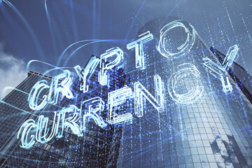 Double exposure of crypto currency theme hologram drawing and city veiw background. Concept of...