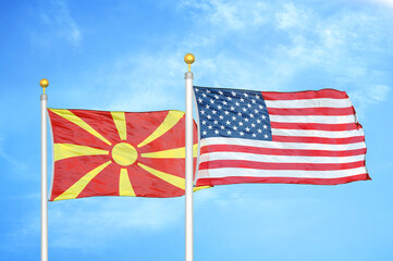 North Macedonia and United States two flags on flagpoles and blue sky