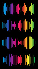 Volume spectrum collection. Multicolored audio range effect. Rainbow music signal diagram. Vivid colors equalizer charts. Sound waves abstract graph. Trendy frequency beats graphic icon set.