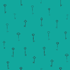 Fototapeta na wymiar Decorative seamless pattern with vintage ornate keys in retro style. Repeatable vector illustrations on an emerald background. Suitable for wallpaper, wrapping paper, fabric, textile