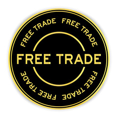 Black and gold color round sticker with word free trade on white background