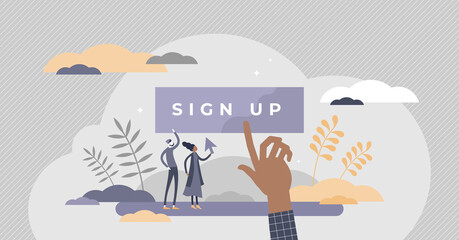 Sign up to create new account or start website profile tiny persons concept