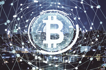 Multi exposure of cryptocurrency theme hologram drawing and city veiw background. Concept of blockchain and bitcoin.