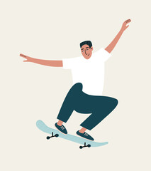 Vector illustration of the skateboarder in a jump, in a white t-shirt and blue pants.