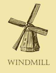 Fototapeta na wymiar Wind mill, windmill hand drawn sketch vector engraved illustration. Old building emblem, logo, banner, badge for poster, web, mobile, icon, packaging