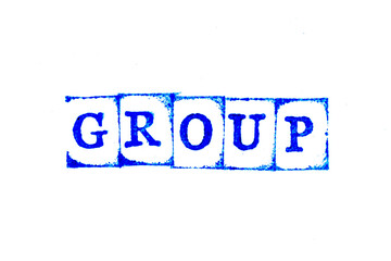 Blue color ink of rubber stamp in word group on white paper background