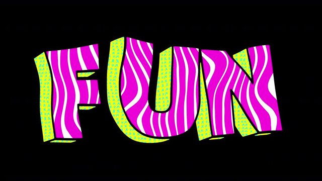 Seamless funny animation of extruded letters in comic style, fluorescent textures and patterns. Fun 3D text backdrop with a doodle cartoon illustration look in stop motion isolated with alpha channel.