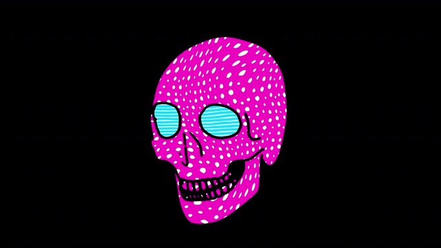 Rainbow skull in comic style, fluorescent textures and patterns. Halloween zine culture video loop with a doodle cartoon illustration look in stop motion isolated with alpha channel.