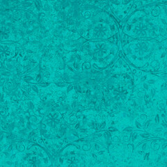 Fototapeta na wymiar old abstract turquoise grunge vintage cement texture with floral seamless pattern print tiles wallpaper texture background square 