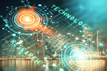 Data theme hologram drawing on city view with skyscrapers background multi exposure. Ai concept.