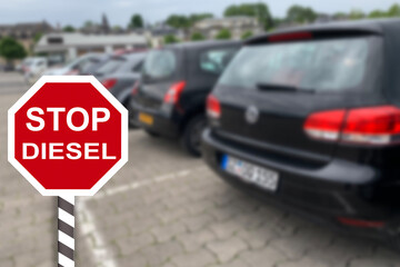 Stop sign for diesel cars in city, introducing ban on production and trade of diesel cars, development of alternative energy, ecology, environmental protection