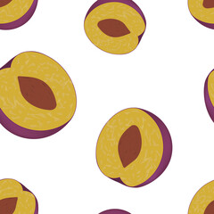 Vector seamless pattern of halves of plums on a white background. For printing on fabrics, packaging, napkins, various backgrounds.