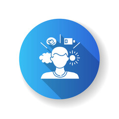 Mental health conditions blue flat design long shadow glyph icon. Psychological disorder. Psychotherapy for patient. Stress and depression. Mood swings. Silhouette RGB color illustration