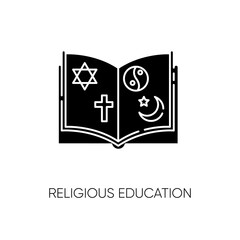 Religious education black glyph icon. Book with judaism, christianity, taoism and islam signs. Theology subject silhouette symbol on white space. Studying religion. Vector isolated illustration