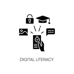 Digital literacy black glyph icon. Modern education, e learning silhouette symbol on white space. Using smartphone for education, communication and entertainment. Vector isolated illustration