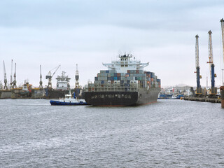 Commercial Container Ship Reaching the Port of  Walvis Bay, Namibia with Full Cargo Load