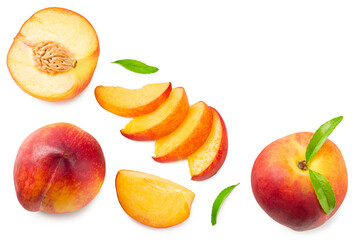 peach fruits with green leaf and slices isolated on white background. top view