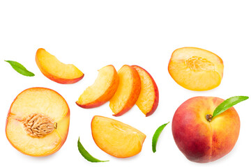 peach fruits with green leaf and slices isolated on white background. top view