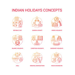 Indian holidays concept icons set. India customs and traditions idea thin line RGB color illustrations. National and religious festivals. Vector isolated outline drawings