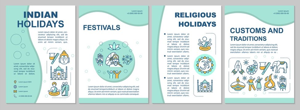 Indian culture brochure template. Indian holidays and traditions flyer, booklet, leaflet print, cover design with linear icons. Vector layouts for magazines, annual reports, advertising posters