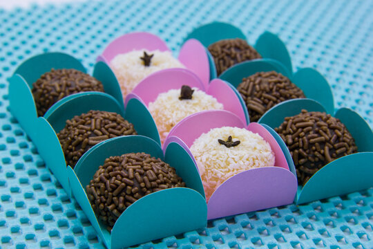 Traditional Brazilian sweet, brigadeiro and beijinho.