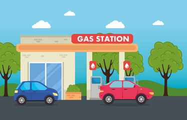 Fototapeta na wymiar cars in gas filling station, service structure station gas vector illustration design