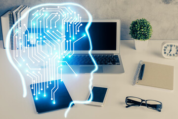 Double exposure of desktop with computer and brain drawing hologram. Artificial intelligence...