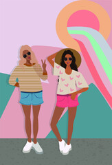 young girls model girlfriends posing for a photo or video shooting against a graffiti wall background