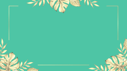 Tropical frame with watercolor leaves and plants on bright teal blue background