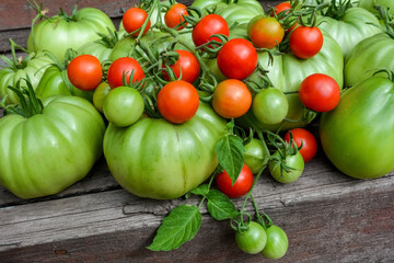 still life of large green and small red ripe tomatoes