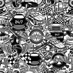 Seamless pattern with auto repair design elements in monochrome style. Design element for poster, card, banner. Vector illustration