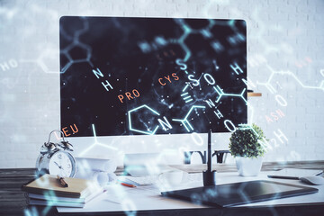 Desktop computer background and formula hologram writing. Double exposure. Education concept.