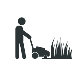 Lawnmower man icon.  Lawnmower man with equipment vector illustration.  