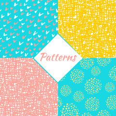 Seamless patterns from freehand on a light blue, yellow, pink, black and white background. Abstract drawing.