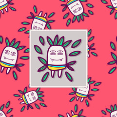 Obraz premium cute monster character doodle with seamless pattern background