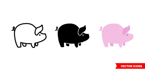 Pig icon of 3 types. Isolated vector sign symbol.