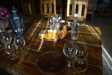 Table set for tasting brandy or cognac in Armenia