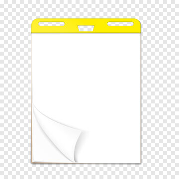 Easel pad on transparent background, vector template. Flipchart sticky blank white paper block with page curl, realistic mock-up