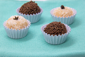 Traditional Brazilian sweet, brigadeiro and beijinho.
