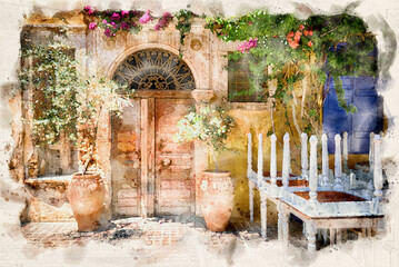 Traditional mediterranean backyard with old doors - waterpaint