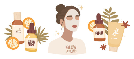 Set of vector illustrations. Portrait of a girl with a face mask. White t-shirt, lettering glow ahead. Cosmetic packaging, products with ceramide, and aha acid. Skin treatment, home care, routine.