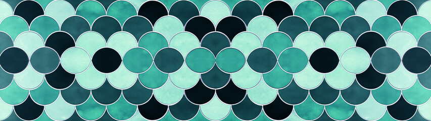 Aquamarine turquoise black seamless grunge abstract mermaid scales pattern tiles texture background banner panorama
