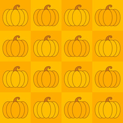 Cute seamless pattern design of pumpkin s in boxes isolated on orange background. Suitable for wrapping paper, wallpaper, fabric, backdrop and etc.