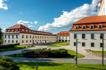 atypical view of Bratislava castle from front back yard part of castle garden